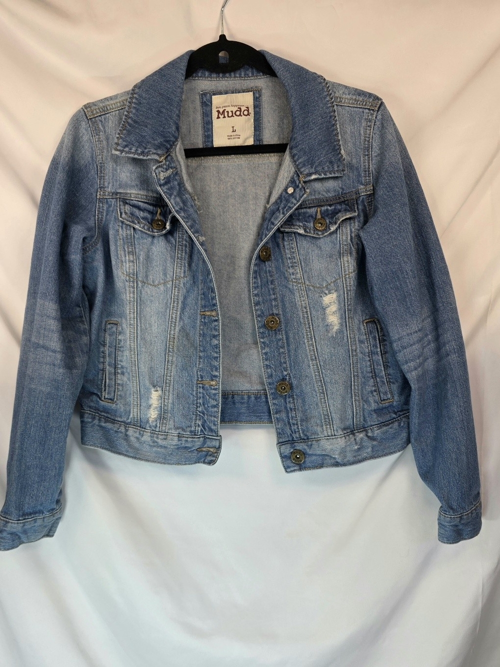 Mudd Juniors Vintage Y2K Denim Trucker Jacket Sz L Distressed Medium Wash Grunge